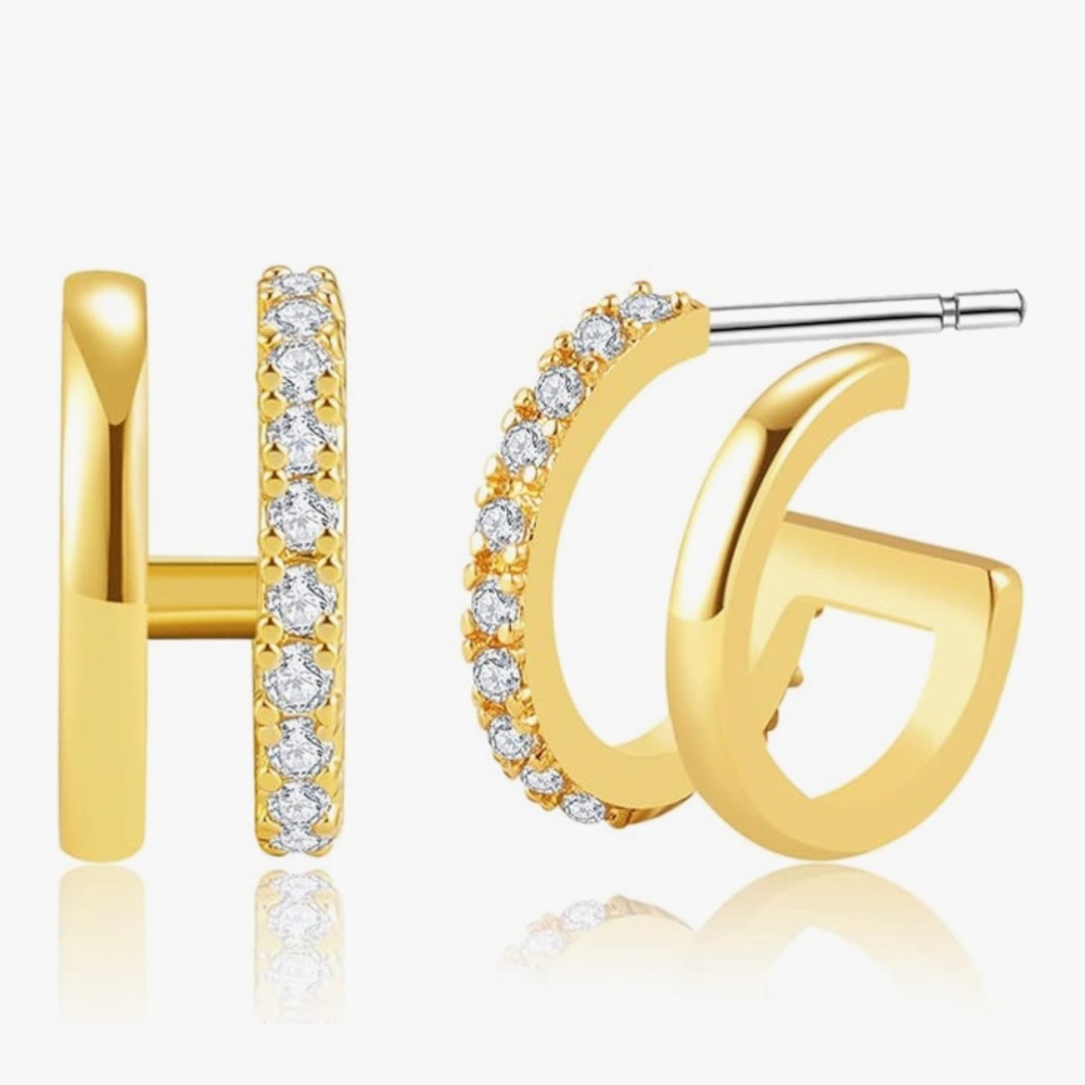 14k Gold Plated CZ Half-Hoop Faux Double Pierced Dainty Hoop Earrings for Women - Picture 6 of 6